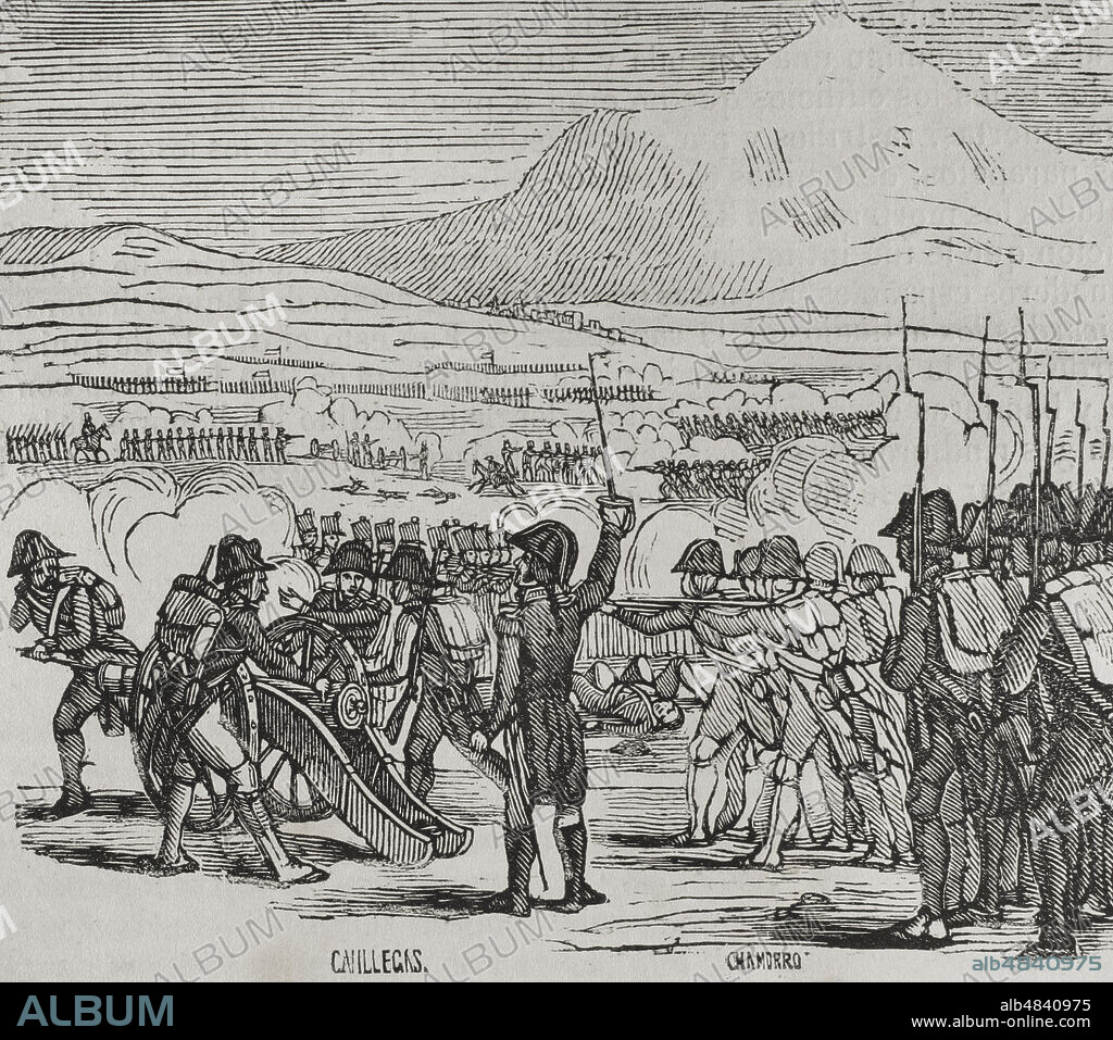 Guerra del Rosellón, también llamada Guerra de los Pirineos o Guerra de la Convención, (1793-1795). Conflicto entre la España de Carlos IV y la Primera República Francesa. Batalla del Masdéu,19 de mayo de 1793, con victoria del general español Antonio Ricardos. Grabado. "Historia del Levantamiento, Guerra y Revolución de España", por el conde de Toreno. Madrid,1851.