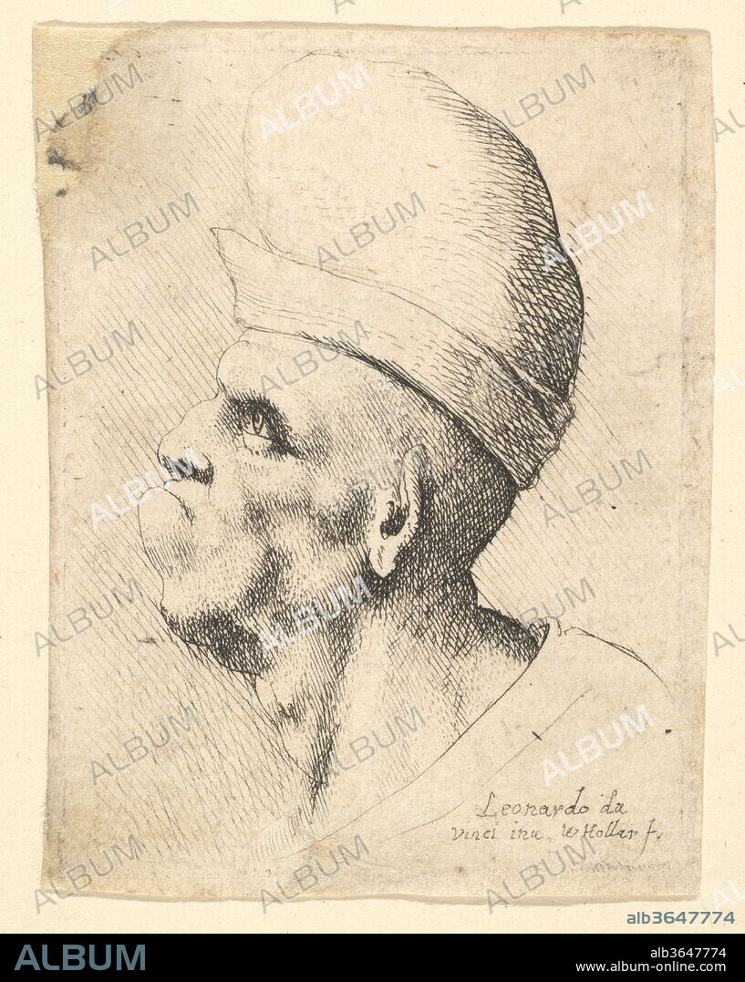 Bust of a deformed man wearing a bulbous hat in profile to the left. Artist: After Leonardo da Vinci (Italian, Vinci 1452-1519 Amboise). Dimensions: Plate: 2 3/16 × 1 11/16 in. (5.6 × 4.3 cm)
cut into image upper left corner. Etcher: Wenceslaus Hollar (Bohemian, Prague 1607-1677 London). Date: 1625-77.
Bust of a deformed man wearing a bulbous hat in profile to the left, after 
Leonardo da Vinci.