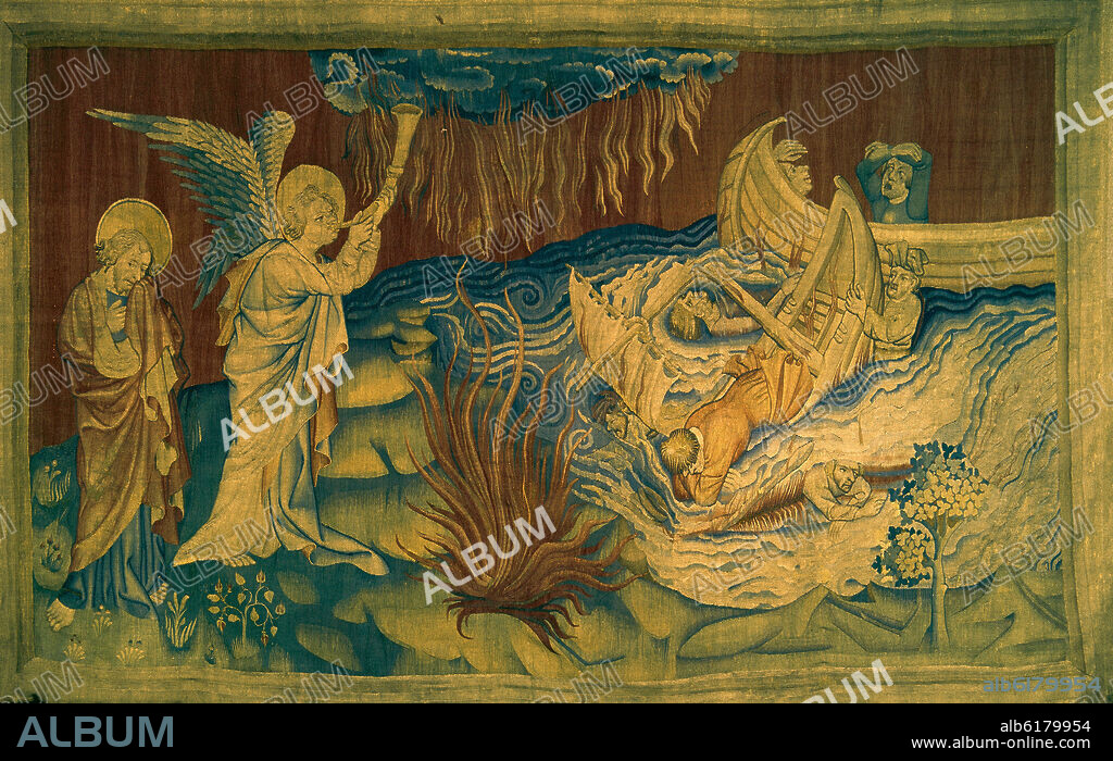 TAPIZ DEL APOCALIPSIS - ANGEL TOCANDO LA TROMPETA Y NAUFRAGIO ... -  (carton de J Bruges) - S XIV.