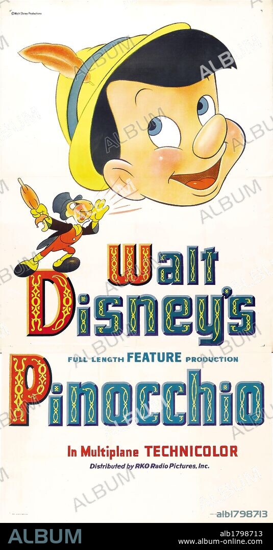 Poster of PINOCCHIO, 1940, directed by BEN SHARPSTEEN and HAMILTON LUSKE. Copyright WALT DISNEY PRODUCTIONS.