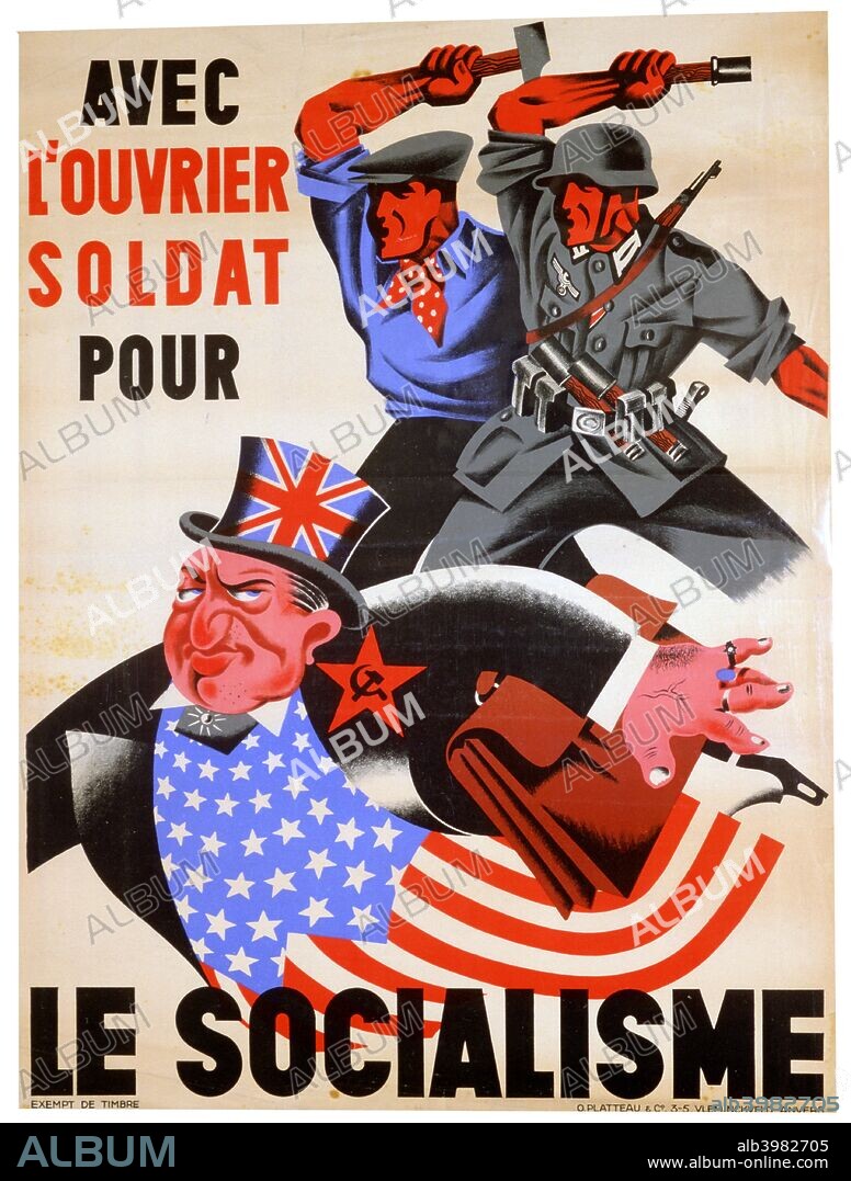 'With the workman and soldier for Socialism', Belgian pro-Nazi propaganda poster, c1941-1944. A worker and a German soldier threatening a man representing the alliance of Britain, the United States and the Soviet Union.