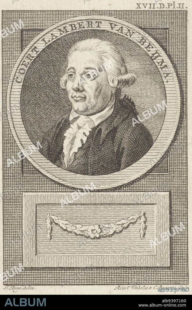 Portrait of the politius and lawyer-fiscalian Coert Lambertus van Beyma Top right: XVII DPlII, Portrait of Coert Lambertus van Beyma, print maker: Reinier Vinkeles (I), (mentioned on object), print maker: Cornelis Bogerts, (mentioned on object), intermediary draughtsman: Jacobus Buys, (mentioned on object), Amsterdam, 1783 - 1795, paper, etching, engraving, h 104 mm × w 72 mm.