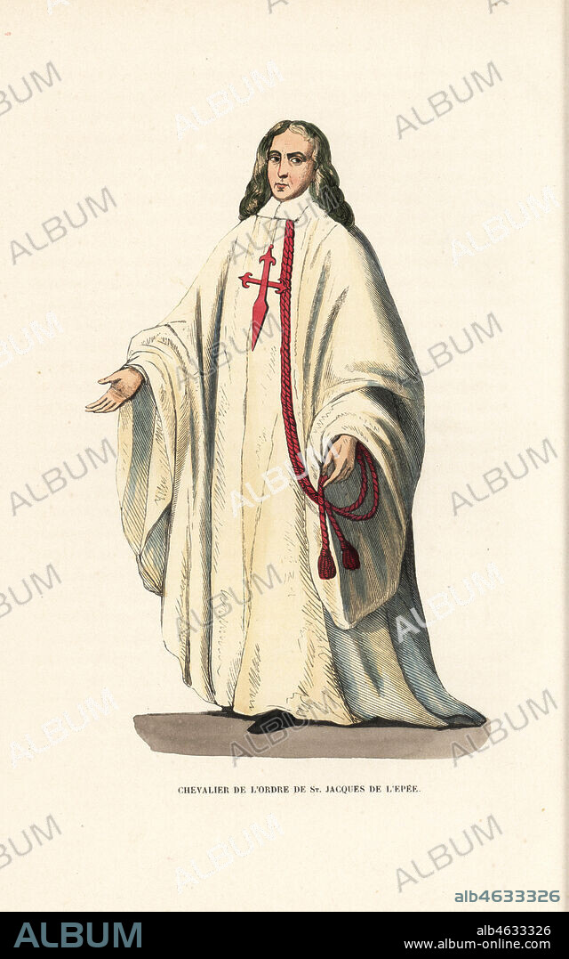 Knight of the Order of Santiago, Order of St. James of the Sword, Spanish military order, Chevalier de lOrdre de St. Jacques de lEpee, L'ordre de Santiago. Handcoloured woodblock engraving after an illustration by Jacques Charles Bar from Abbot Tirons Histoire et Costumes des Ordres Religieux, Librairie Historique-Artistique, Brussels, 1845.
