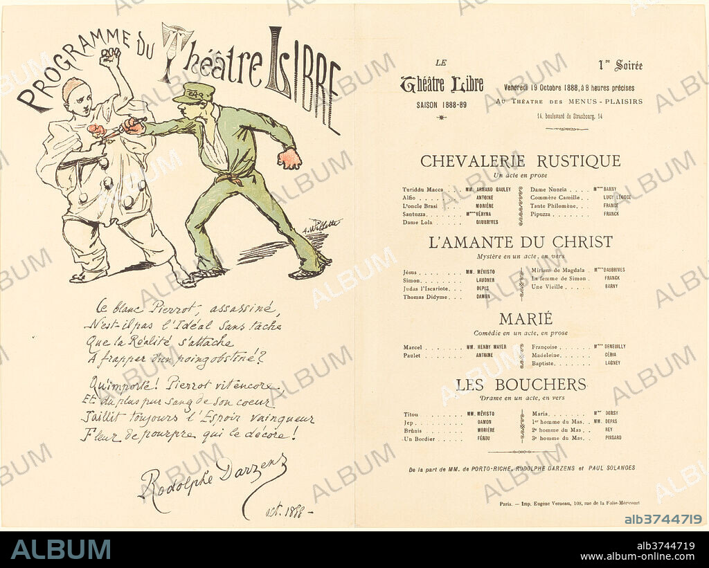 ADOLPHE LEON WILLETTE. Chevalerie rustique; L'Amante du Christ; Marié; Les Bouchers. Dated: 1888. Dimensions: sheet: 23.9 x 32.1 cm (9 7/16 x 12 5/8 in.). Medium: color lithograph on wove paper.
