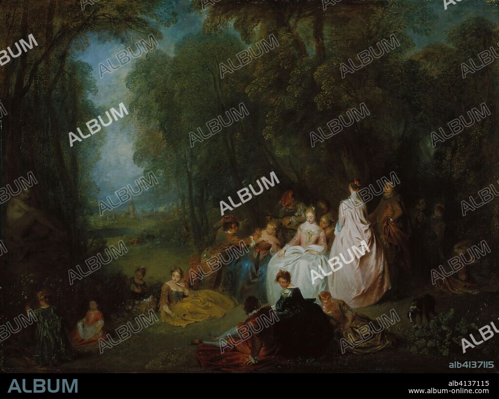 Fête champêtre (Pastoral Gathering). Jean-Antoine Watteau (French, 1684-1721); with the assistance of Jean-Baptiste Pater (French, 1595-1736). Date: 1718-1721. Dimensions: 48.6 × 64.5 cm (19 1/16 × 25 3/8 in.). Oil on panel. Origin: France.