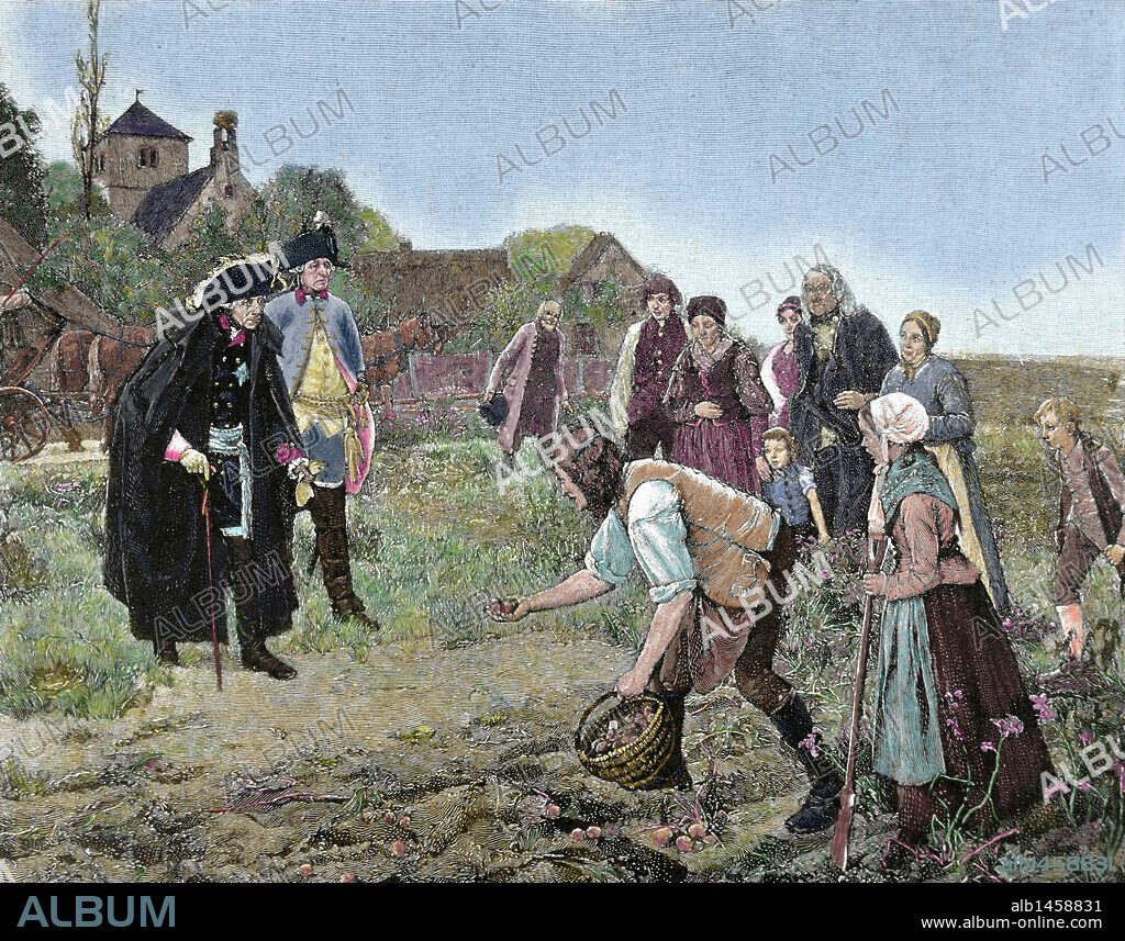 FEDERICO II "EL GRANDE" (1712-1786), visitando a los campesinos mientras trabajan sus tierras. Grabado coloreado del año 1887, obra de Herver & Kirmse.
