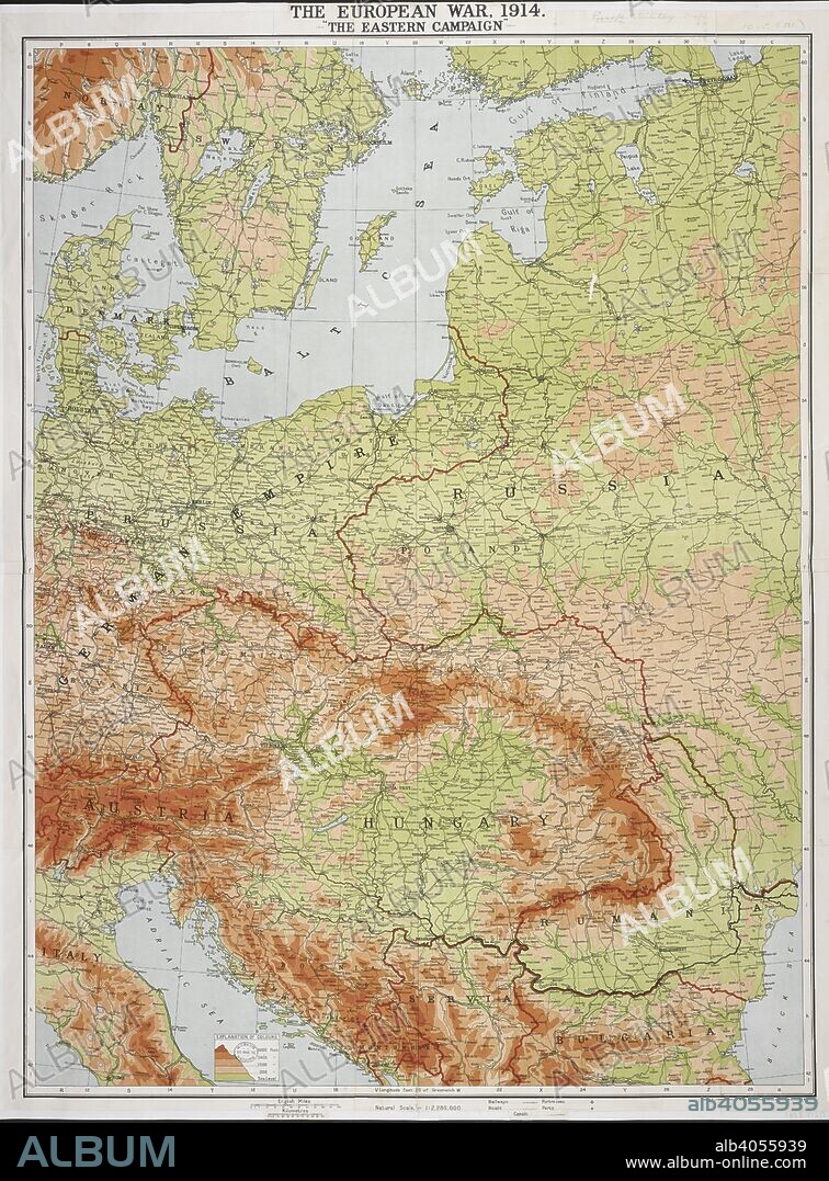 A map of the First World War, showing: Part of Norway and Sweden; Hungary; Austria; Germany; Denmark and Russia. The European War, 1914. â€œThe Eastern Campaign.â€ Natural scale, 1 : 2,280,000. (W. & A.K. Johnston's War Map. Petrograd to Berlin, orographically coloured). Edinburgh : W. & A.K. Johnston, [1915]. Source: Maps.1035.(121).