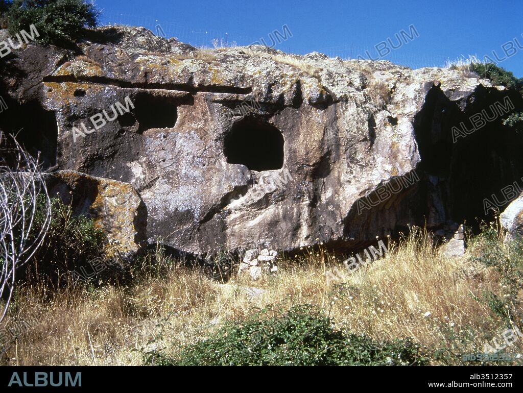 Pre-Nuragic Sardinia. Ozieri culture (3200-2700 BC). Necropolis of Sant-Andrea Priu. Domus de Janas, the chambers tombs. Bonorva, Sardinia, Italy.
