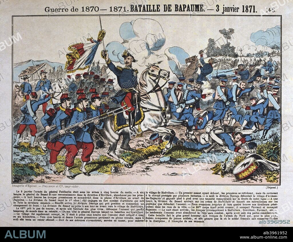 Battle of Bapaume, Franco-Prussian war, 3 January 1871. With Paris besieged by the Prussians, Leon Gambetta, a member of the French government, escaped from the city in a hot air balloon and set about recruiting fresh armies in the provinces to come to the capital's aid. One such army, the Armee du Nord under the command of General Louis Leon Faidherbe, was turned back by the Germans at Bapaume. From a private collection.
