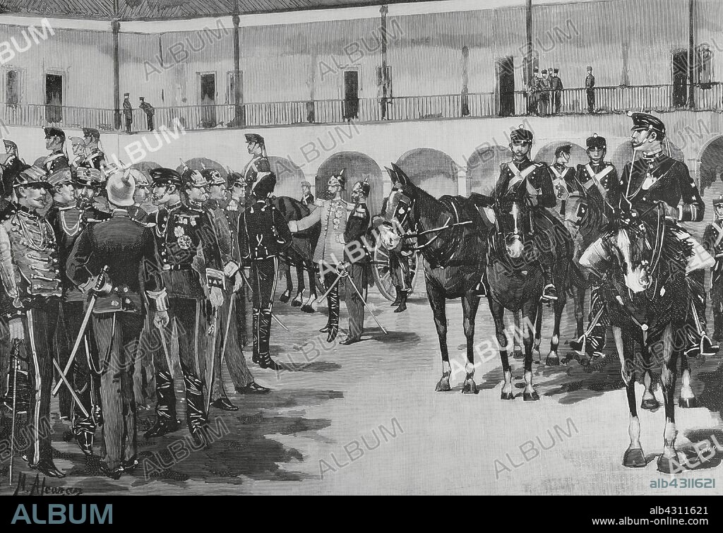 El príncipe heredero Friedrich Wilhelm Nikolaus Karl von Preuben (1831-1888), futuro Federico III de Alemania, de visita a Madrid, España. El rey de España Alfonso XII y el príncipe imperial de Alemania visitando el Cuartel de la Montaña, en Madrid, el 30 de noviembre de 1883. Revista de los cuerpos de artillería. Dibujo del natural por Alcázar. Grabado por Bernardo Rico (1825-1894). La Ilustración Española y Americana, 15 de diciembre de 1883.