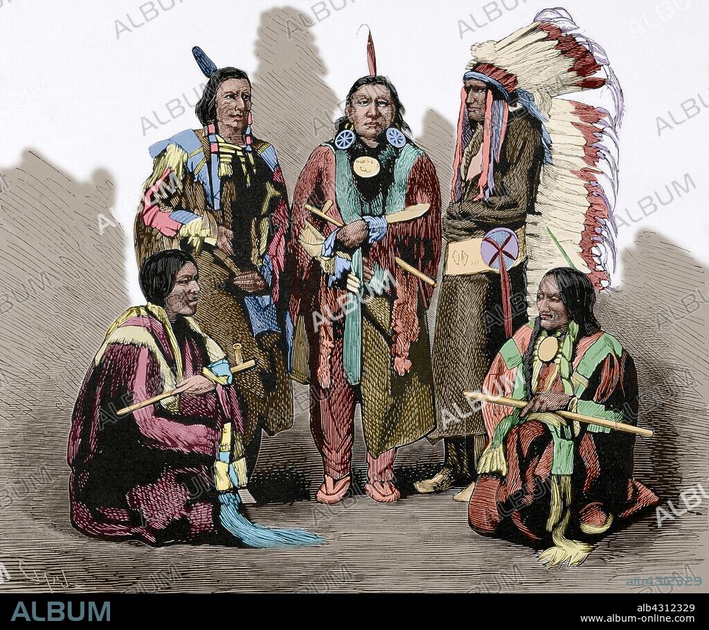 Estados Unidos. Guerras Indias. Principales jefes de los indios Sioux, vencedores del General George Armstrong Custer. De izquierda a derecha: Red Fox (Zorro Colorado), Bearskin (Cuero de Oso), Red Dog (Perro Rojo), Rocky Bear (Oso Duro) y Living Bear (Oso Vivo). Grabado. La Ilustración Española y Americana. 8 de septiembre de 1876. Coloreado.