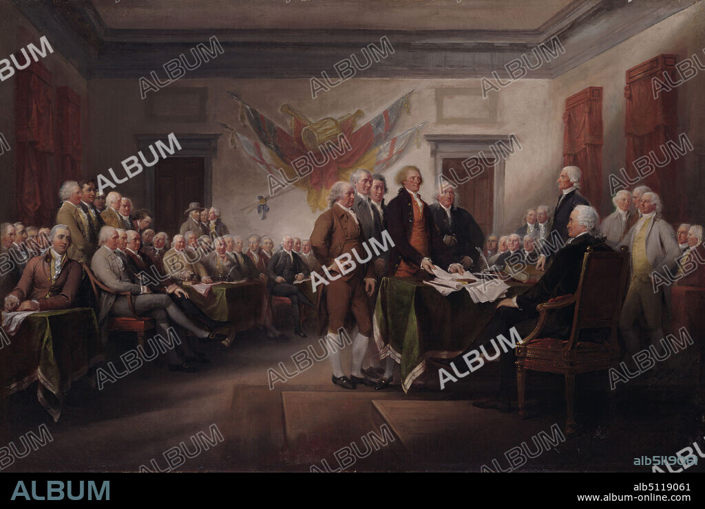 Artist: John Trumbull, American, 17561843, The Declaration of Independence, July 4, 1776, Oil on canvas, 20 7/8 × 31 in. (53 × 78.7 cm), , Depicted Independence Hall, Philadelphia, Pennsylvania, American, 18th19th century, Paintings.