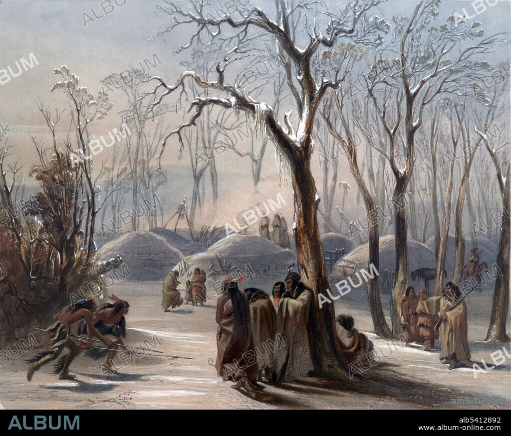 The Hidatsa, called the Minnetaree by the Mandan, are a Siouan people. Tribal appearance and customs have been documented by the visits of two artists of the American west. George Catlin and Karl Bodmer's works record the Hidatsa and Mandan societies, where were rapidly changing under pressure from encroaching settlers, infectious disease, and government restraints. Voyage dans l'interieur de l'Amerique du Nord, execute pendant les annees 1832-34. Karl Bodmer (February 11, 1809, October 30, 1893) was a Swiss printmaker, lithographer, painter, illustrator and hunter. He accompanied the German explorer Prince Maximilian zu Wied-Neuwied on his Missouri River expedition. Bodmer was hired as an artist to record images of cities, rivers, towns and peoples they saw along the way, including the many tribes of Native Americans along the Missouri River and in that region.