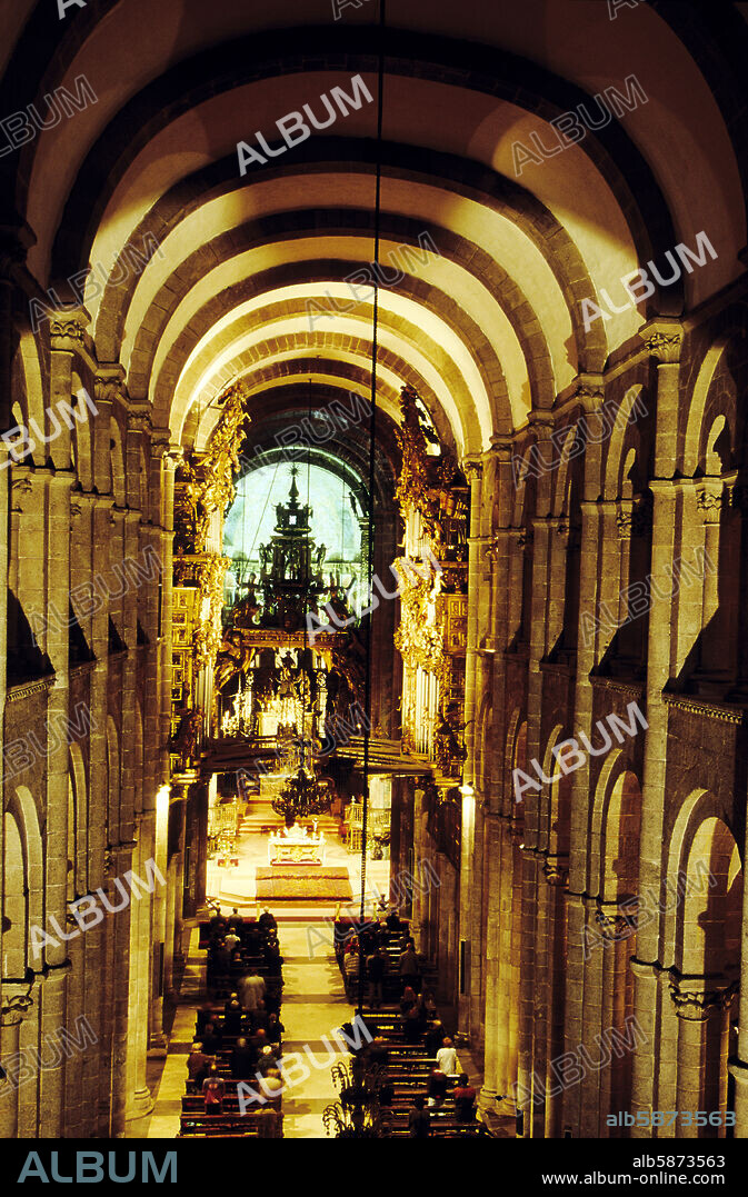Santiago de Compostela; Cathedral central nave and high altar (romanesque architecture).