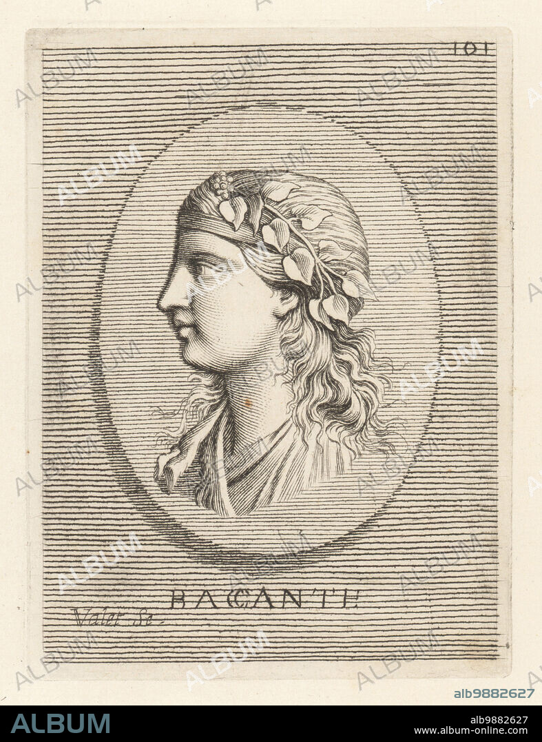 One of the Bacchantes or Bacchae. The mother of Dionysus Semele and her sisters Autonoe, Agave and Ino. Or a follower of Bacchus, Roman god of wine and grapes, wearing ivy leaves and berries in her hair from a carnelian gem. Baccante. Copperplate engraving by Guillaume Vallet after Giovanni Angelo Canini from Iconografia, cioe disegni d'imagini de famosissimi monarchi, regi, filososi, poeti ed oratori dell' Antichita, Drawings of images of famous monarchs, kings, philosophers, poets and orators of Antiquity, Ignatio deLazari, Rome, 1699.