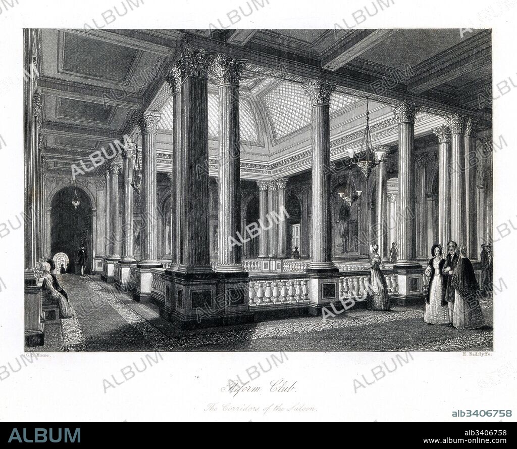 The Saloon in the Reform Club, with its Ionic columns, tesselated pavement, vaulted skylight and Scagliola covered walls. Steel engraving by E. Radclyffe after an illustration by G.B. Moore from London Interiors, Their Costumes and Ceremonies, Joshua Mead, London, 1841.