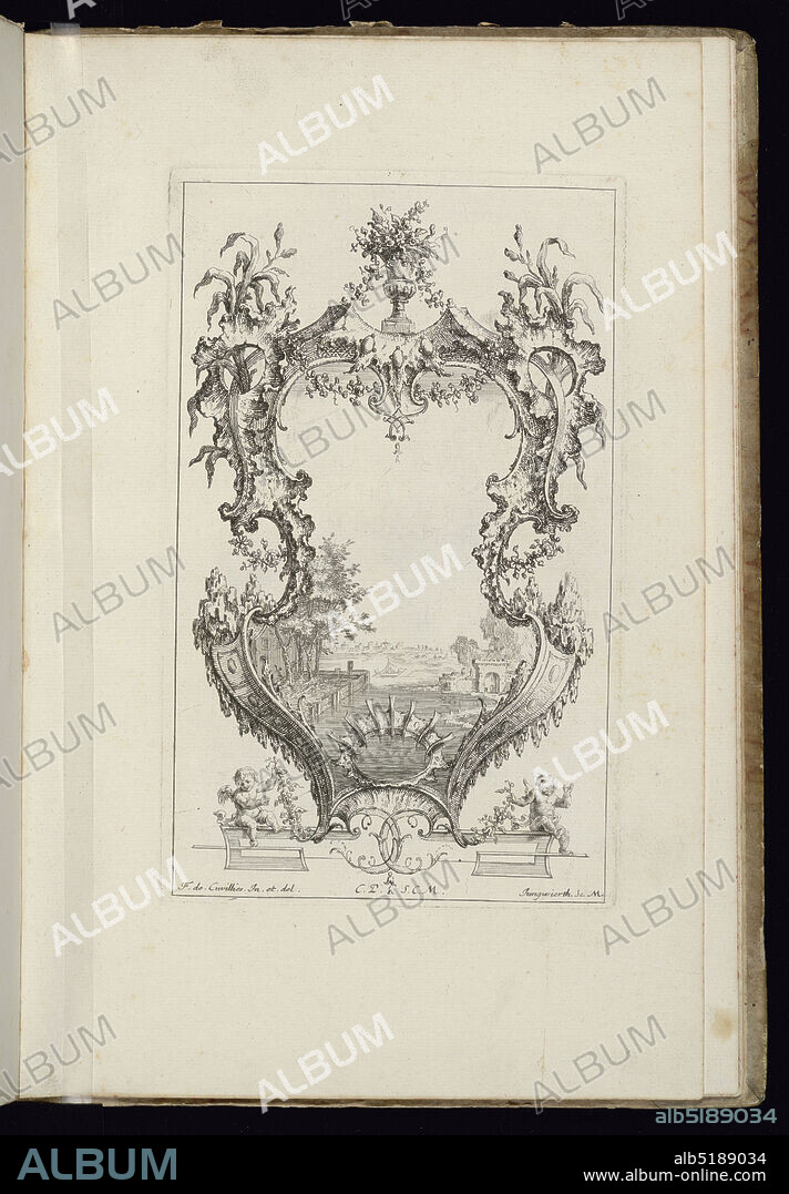Cartouche with River Landscape, Livre dornements (Book of Ornaments), François de Cuvilliés the Elder, Belgian, active Germany, 1695 - 1768, Franz Xaver Andreas Jungwierth, German, 17201790, François de Cuvilliés the Elder, Belgian, active Germany, 1695 - 1768, Engraving on paper, Design for upright symmetrical cartouche topped with urn full of flowers and surrounded by vegetal decoration. Within the frame, a riverscape scene with a boat upon the water. Shoreline at left and right with architectural buildings partially in view and in the distance., Munich, Germany, 1738, albums (bound) & books, Bound print, Bound print.