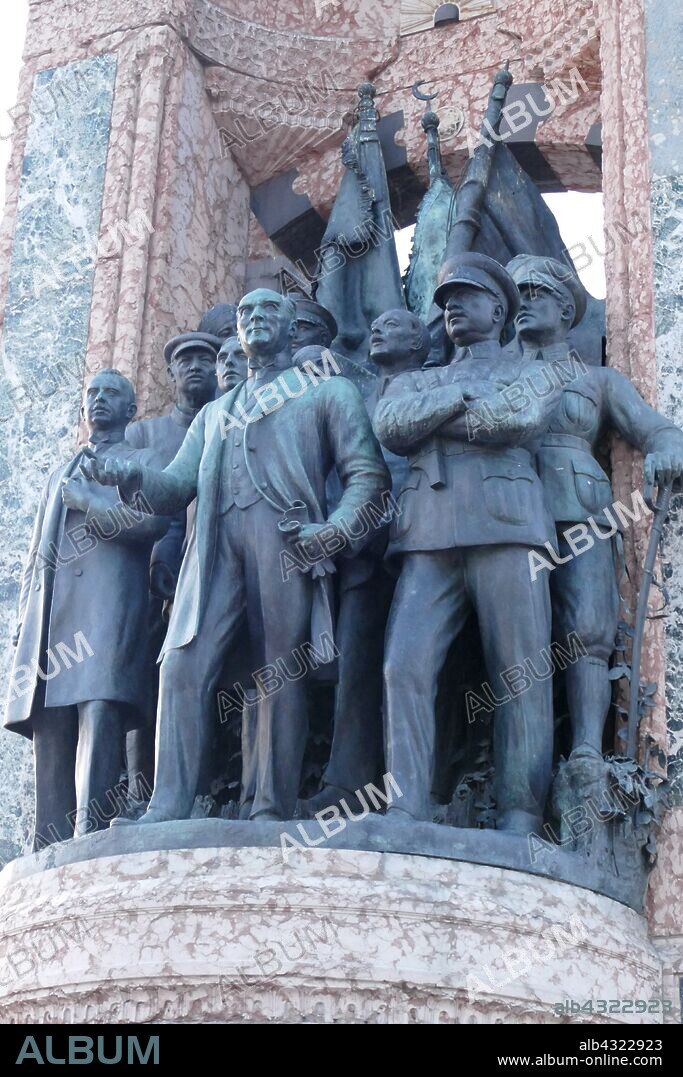 The Republic Monument, Taksim Square in Istanbul, Turkey, commemorates the formation of the Turkish Republic in 1923. Designed by Italian sculptor Pietro Canonica and built in two and a half years with financial support from the population, it was unveiled by Dr. Hakk? Sinasi Pasha on August 8, 1928. portrays the founders of the Turkish Republic, with prominent depictions of Mustafa Kemal Ataturk, Ismet Inonu and Fevzi Cakmak.