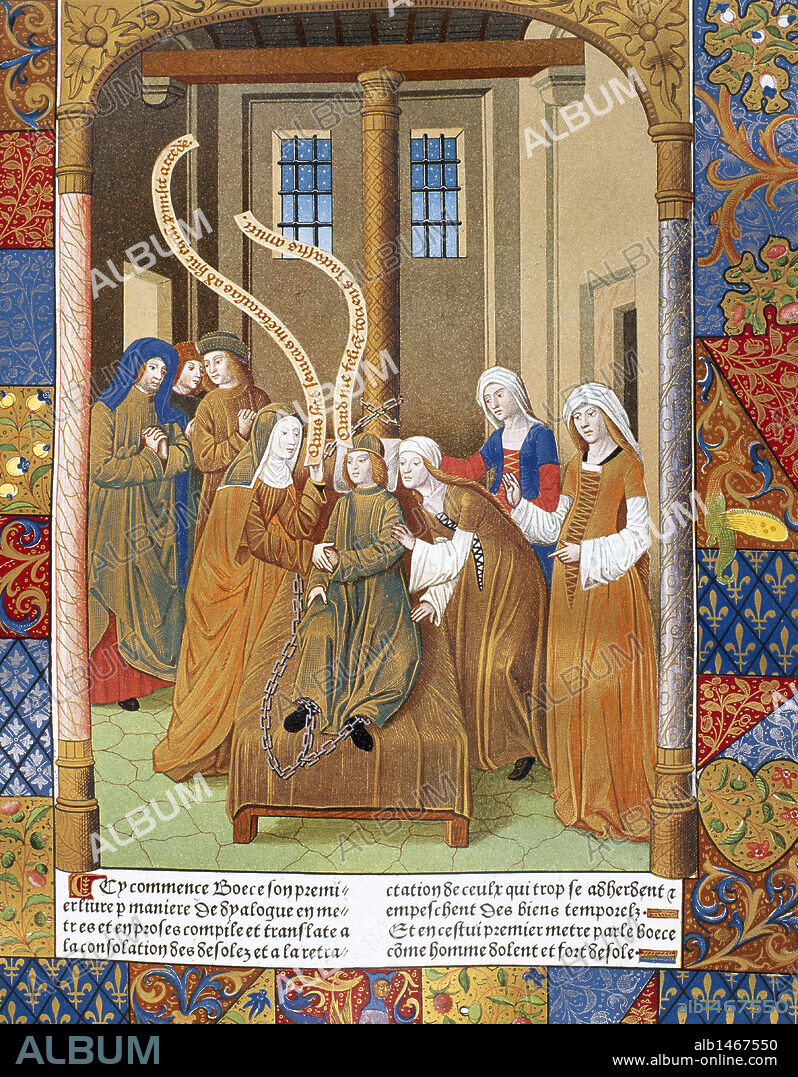 Boethius (ca.480-524/525 AD). Roman philosopher. Le Grant Boethius, de Consolation. First page. By A. Verard. 1494. National Library. Paris. France.