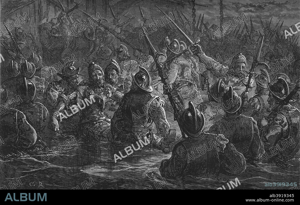 'Attack on Porto Rico', 1797, (c1880). Located in the northeastern Caribbean, Puerto Rico formed a key part of the Spanish Empire during the early years of exploration, conquest and colonization in the New World. In 1702, the English assaulted the town of Arecibo on the North Coast with no success. In 1797, the French and Spanish declared war on the United Kingdom and the British attempted again to conquer the island, attacking San Juan with an invasion force of 7,000 troops and an armada consisting of 64 warships. From British Battles on Land and Sea, Vol. I, by James Grant. [Cassell Petter & Galpin, London, Paris & New York, c1880].