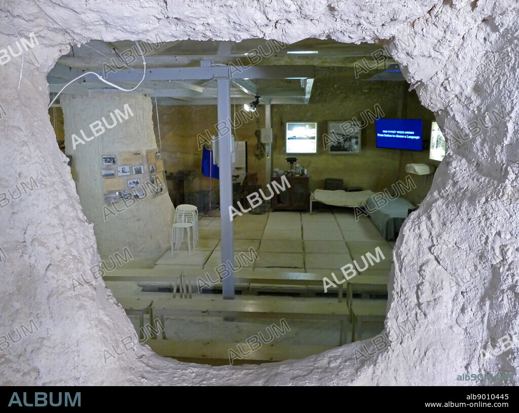 An underground cave provided a medical room inside the Mizpe Revivim Fortress, in kibbutz Revivim in the Negev desert, in southern Israel. The community was formed in 1943 as one of the three lookouts, and was initially named Tel HaTzofim. During the 1948 ArabIsraeli War, Revivim fell behind Egyptian lines for several months. Members of the kibbutz lived in underground dugouts, and received food supplies by air and convoys that ran the Egyptian battle lines.