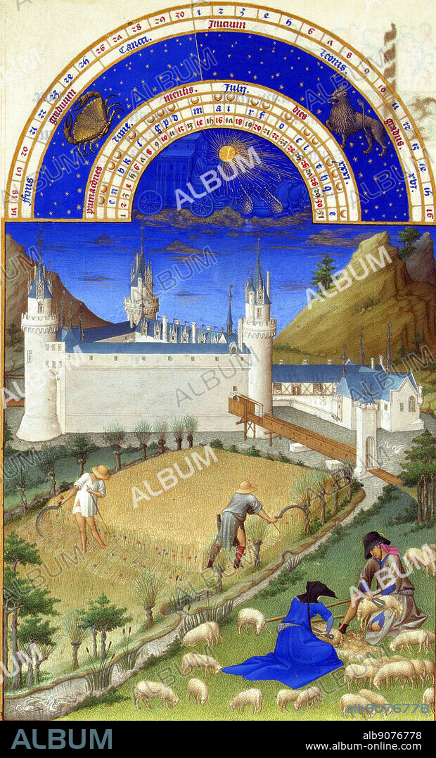 'The Très Riches Heures du Duc de Berry Is a French Gothic illuminated manuscript. The Très Riches Heures is a prayer book created for John, Duke of Berry, by the Limbourg brothers between 1412 and 1416. The book was completed by Jean Colombe between 1485 and 1489. The manuscript is held at the Musée Condé, Chantilly, France. this folio (July)shows harvesting and sheep shearing'.