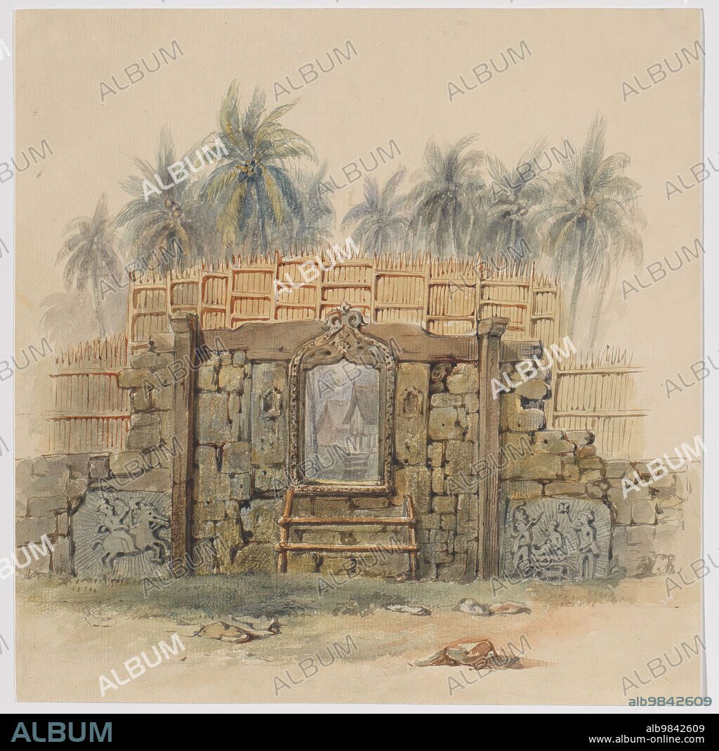 ADRIANUS JOHANNES BIK. Coral stone wall with framed opening to Dula (Dullah) village, Dullah Island, Kai Islands, Southeast Moluccas, 1824. Coral stone wall with framed door and reliefs on both sides, looking through to the village. Seen from the grounds of the tomb of the raja of Dullah, which is outside the walled village (negorij).
