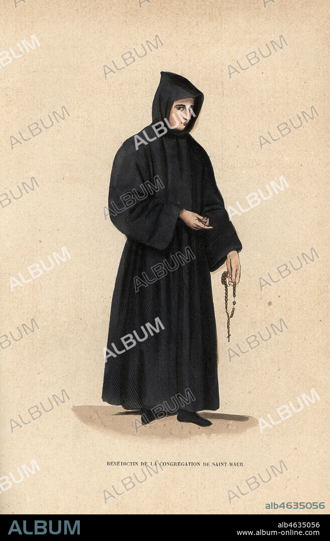 Monk of the Maurists, Congregation of St. Maur, Benedictine brotherhood, Benedictin de la Congregation de Saint-Maur. Handcoloured woodblock engraving after an illustration by Jacques Charles Bar from Abbot Tirons Histoire et Costumes des Ordres Religieux, Librairie Historique-Artistique, Brussels, 1845.