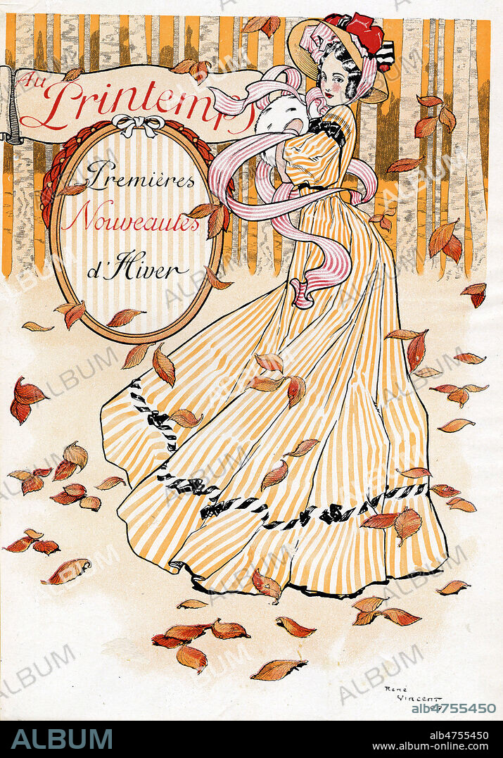 Publicite de 1907 pour les 'premieres nouveautes d'hiver' du magasin du Printemps. Illustration par Rene VINCENT (1879-1936). Credit : Collection IM/KHARBINE-TAPABOR.