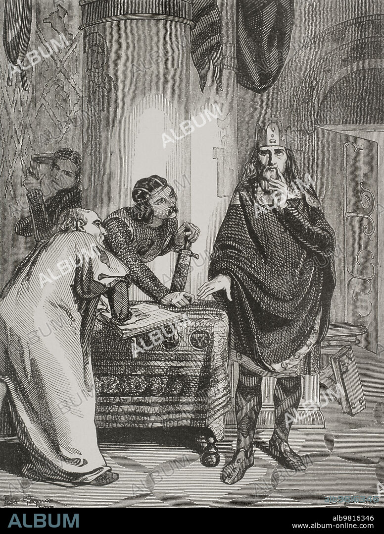 Charlemagne (742-814). King of the Franks (768-814), the Lombards (774-814) and emperor of the Western Roman Empire (800-814). Charlemagne dictating his capitularies. Ordinances established by Charlemagne from 789 to 813 to regulate religious life in the Frankish kingdom. Engraving. "Los Héroes y las Grandezas de la Tierra". Volume V. 1855.