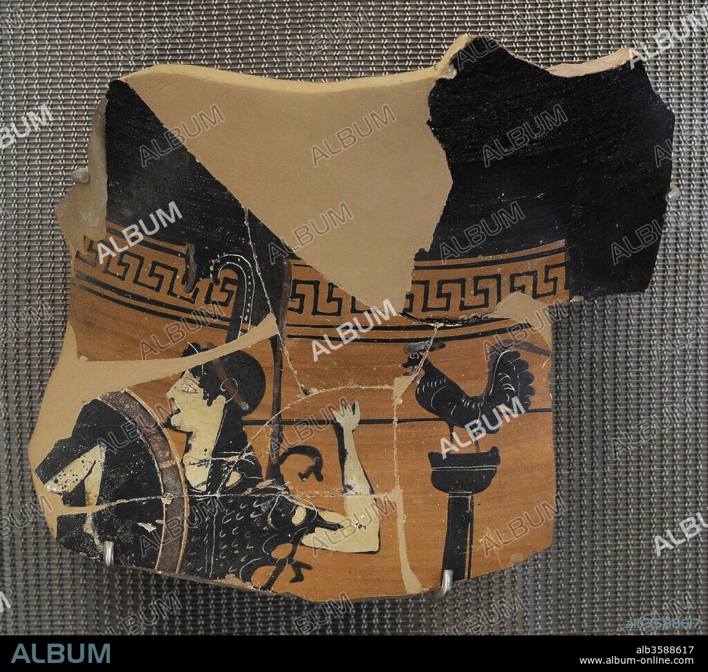 Arte griego. Cerámica. Estilo de figuras negras. Fragmento de un vaso. Decoración. Atenea Promacos y un gallo en una columna. 500-450 AC. Museo de la Acrópolis (Acropolis Museum). Atenas. Grecia.