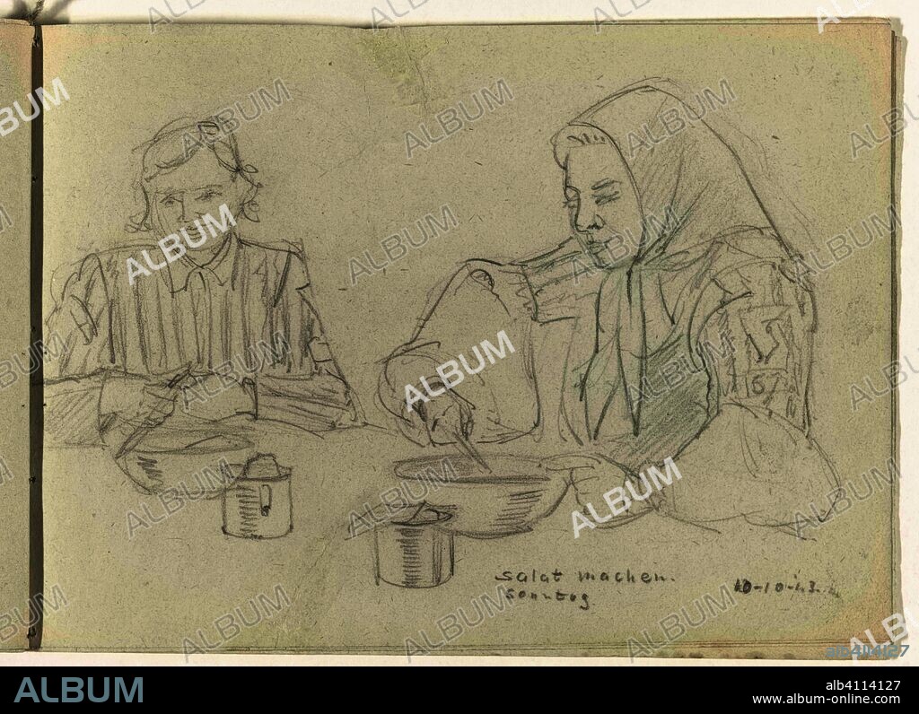 Salade maken. Salat machen. Sonntag (title on object). Draughtsman: To Frank-Stoltz. Dating: 10-Oct-1943. Place: Ravensbrück. Measurements: h 150 mm × w 205 mm.