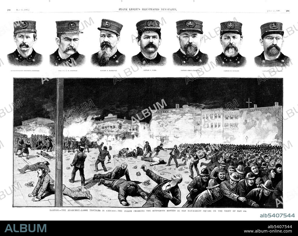 Two page spread showing police charging rioters and portraits of the policemen. The Haymarket affair was the aftermath of a bombing that took place on May 4, 1886, at Haymarket Square in Chicago. It began as a peaceful rally in support of workers striking for an 8 hour work day, the day after police killed 8 workers. An unknown person threw a dynamite bomb at the police. The blast and ensuing gunfire resulted in the deaths of 7 police officers and several civilians. In the internationally publicized legal proceedings, 8 anarchists were convicted of conspiracy. Seven were sentenced to death and 1 to a term of 15 years in prison. Governor Oglesby commuted 2 of the sentences to life in prison; another committed suicide in jail. The other 4 were hanged on November 11, 1887. In 1893, Governor Altgeld pardoned the remaining defendants and criticized the trial. Frank Leslie's illustrated newspaper, May 15, 1886. (cropped and cleaned).