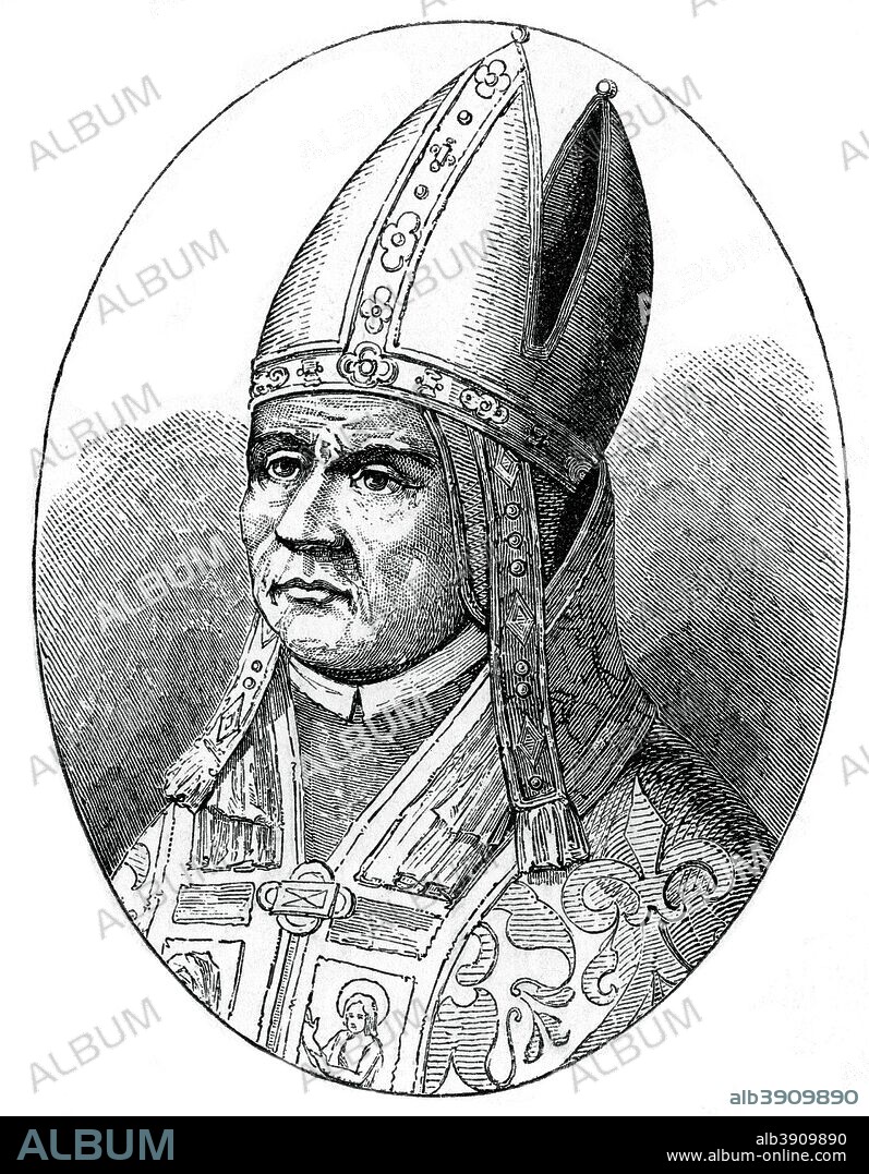 Pope Sylvester I, (1870). Taken froma fresco painted in mosaic, Basilica of St Paul, Rome. A wood engraving from The Arts of the Middle Ages and at the Period of the Renaissance, by Paul LaCroix, London, 1870.