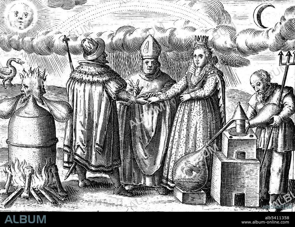 The Sixth Key of Basil Valentine from the "Twelve Keys of Basil Valentine," an influential alchemical work first published in 1599 by Johann Thölde. It discusses general alchemical principles. Each chapter, or "key," is an allegorical description of one step in the process of creating the philosopher's stone, a legendary alchemical substance capable of turning base metals into gold.