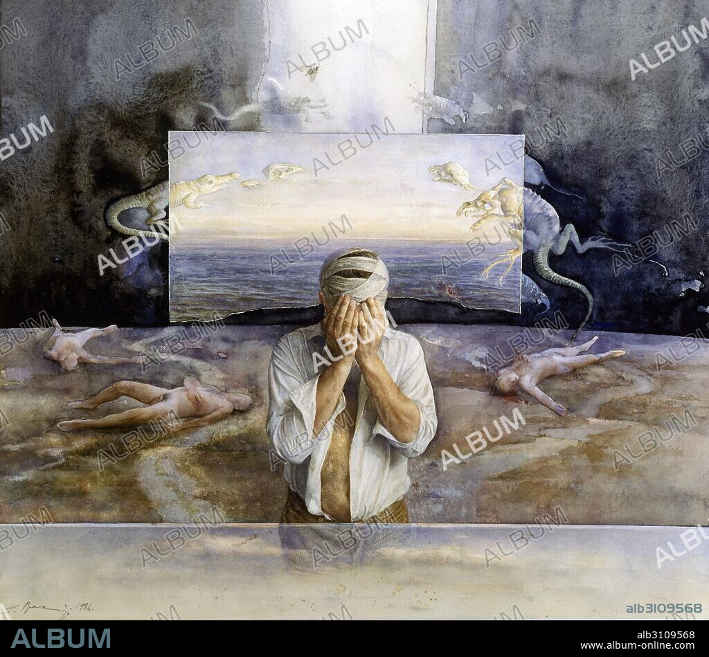 EDUARDO NARANJO. Hombre con cabeza vendada ante una playa/1986.