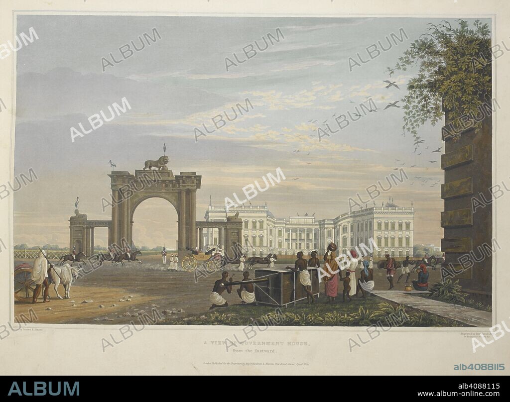 ROBERT HAVELL and JAMES BAILLIE FRASER. 'A view of Government House, from the Eastward'. Views of Calcutta / engraved by Robert Havell. Rodwell and Martin and Smith, Elder & Co., [1824-1826]. Coloured aquatint after J. B. Fraser. Source: X644(3).