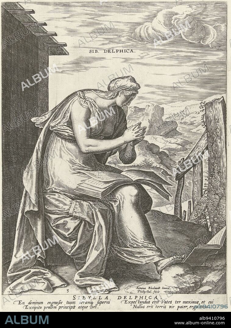 The Delft Sibille sits on a chair. On her lap an open book. The print has a Latin caption and is part of a ten-part series about the Sibillen, Delfische Sibille Sibylla Delphica, Sibillen (series title)., print maker: Philips Galle, (mentioned on object), Anthonie Blocklandt, (mentioned on object), Benedictus Arias Montanus, print maker: Antwerp, Low Countries, Antwerp, publisher: Antwerp, 1575, paper, engraving, h 288 mm × w 210 mm.
