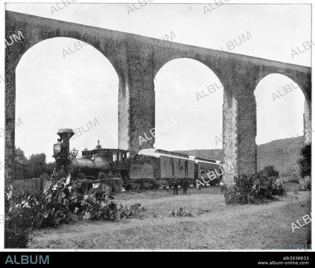 Aqueduct near Queretaro, Mexico, late 19th century. A steam train passing under the aqueduct which was built in the 18th century. Photograph from Portfolio of Photographs, of Famous Scenes, Cities and Paintings by John L Stoddard, published by the Werner Company, (Chicago, c1899).