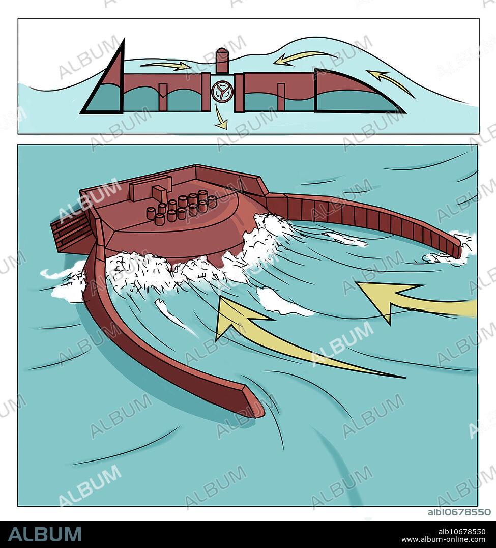 Diagram of a 'wave dragon'. This apparatus uses principles from hydropower plants to convert ocean wave action into usable energy. The wave dragon consists of two reflectors that direct waves towards a ramp. Behind the ramp, a large reservoir collects and temporarily stores the water. The reservoir is held above sea level. The water leaves the reservoir through hydro turbines.
