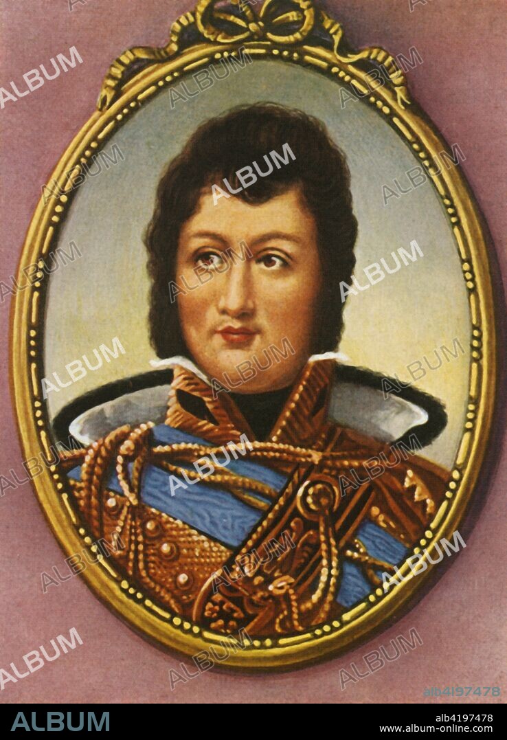 'Ludwig Philipp', (1933). Portrait of Louis Philippe I, King of France (1773-1850), who was proclaimed king in 1830 after the overthrow of the repressive regime of Charles X by the July Revolution. Ruling as 'King of the French' rather than 'of France', he attempted to establish a monarchy more in touch with the people than previously. Louis Philippe's rule was initially popular, but his regime increasingly came to be regarded as conservative and favouring the wealthy. In 1848 the people revolted again and Louis Philippe abdicated and fled to England. His overthrow brought an end to the monarchy in France. After a miniature by Jean-Baptiste Isabey. From "Gestalten Der Weltgeschichte", a book of cigarette-card portrait miniatures of figures in world history from the last four hundred years. [Germany, 1933].