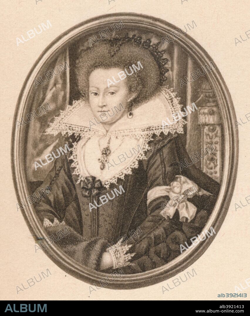 'Catherine Carey, Countess of Nottingham', c16th century (1904). Catherine Carey, after her marriage Catherine Knollys and later Lady Knollys (c. 1524 - 15 January 1569), was chief Lady of the Bedchamber to Queen Elizabeth I, who was her first cousin (or rumoured also to be her half sister by Henry Vlll as Lady Mary was his mistress). From James I. and VI, by T. F. Henderson. [Goupil & Co., Paris, Edinburgh, New York, London, 1904].