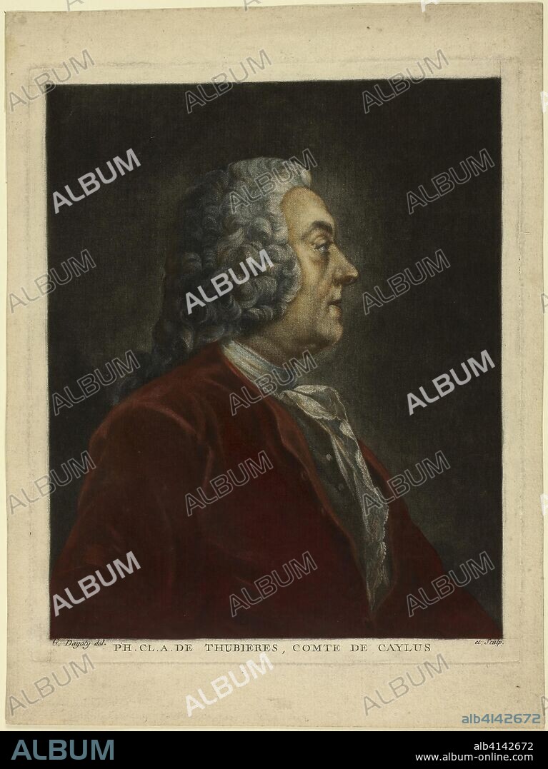 JEAN BAPTISTE ANDRé GAUTIER D'AGOTY. Portrait of Philippe Claude André de Thubières, Comte de Caylus. Jean B. A. Gautier d'Agoty; French, 1740-1786. Date: 1760-1786. Dimensions: 236 × 192 mm (image); 255 × 207 mm plate); 305 × 228 mm (sheet). Color mezzotint on paper. Origin: France.