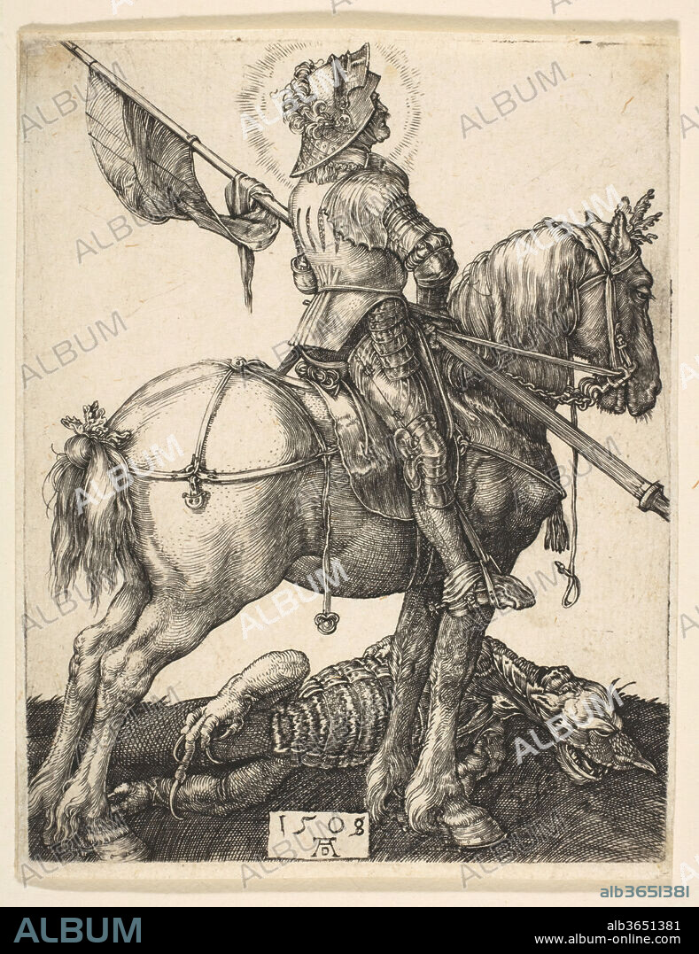 ALBERTO DURERO. Saint George on Horseback. Artist: Albrecht Dürer (German, Nuremberg 1471-1528 Nuremberg). Dimensions: Sheet: 4 7/16 × 3 7/16 in. (11.2 × 8.7 cm). Date: 1505-8.