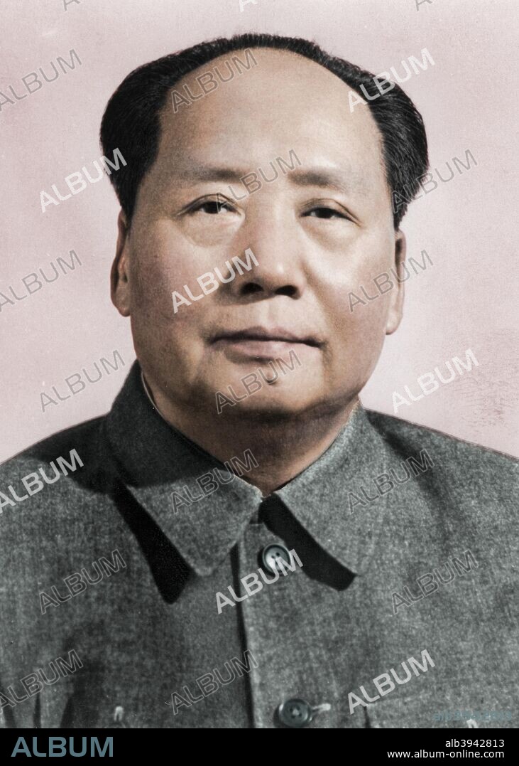 Mao Zedong, Chinese Communist revolutionary and leader, c1950s(?). The son of a peasant farmer, Mao Zedong (Mao Tse Tung) (1893-1976) led the Red Army which undertook the epic Long March and overthrew the Nationalist Chinese dictator Chiang Kai-Shek in 1949. As Chairman of the People's Republic of China and of the Chinese Communist Party he set about transforming China, but his attempt to modernise the country's industrial base (the Great Leap Forward) and the disastrous Cultural Revolution caused dramatic upheavals in Chinese society. After his death in 1976, his successors introduced social and economic initiatives that reversed many of Mao's policies. (Colorised black and white print).