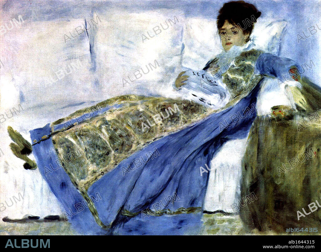 Madame Monet on a Divan' also called 'Madame Money reading Le Figaro', 1872. Oil on canvas. Pierre-Auguste Renoir (1841-1919) French painter. Camille Doncieux (d1879) wife of Claude Monet. Portrait Female Blue.