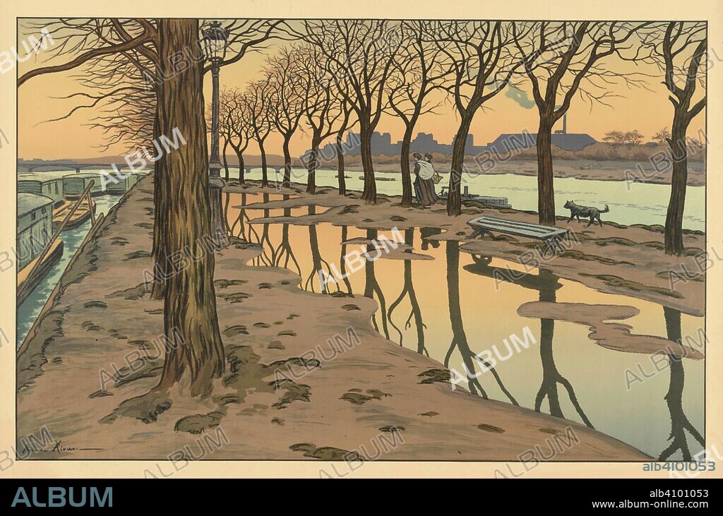 HENRI RIVIERE. Ile des Cygnes. Dimensions: 63.1 cm x 90 cm, 52.6 cm x 82 cm.