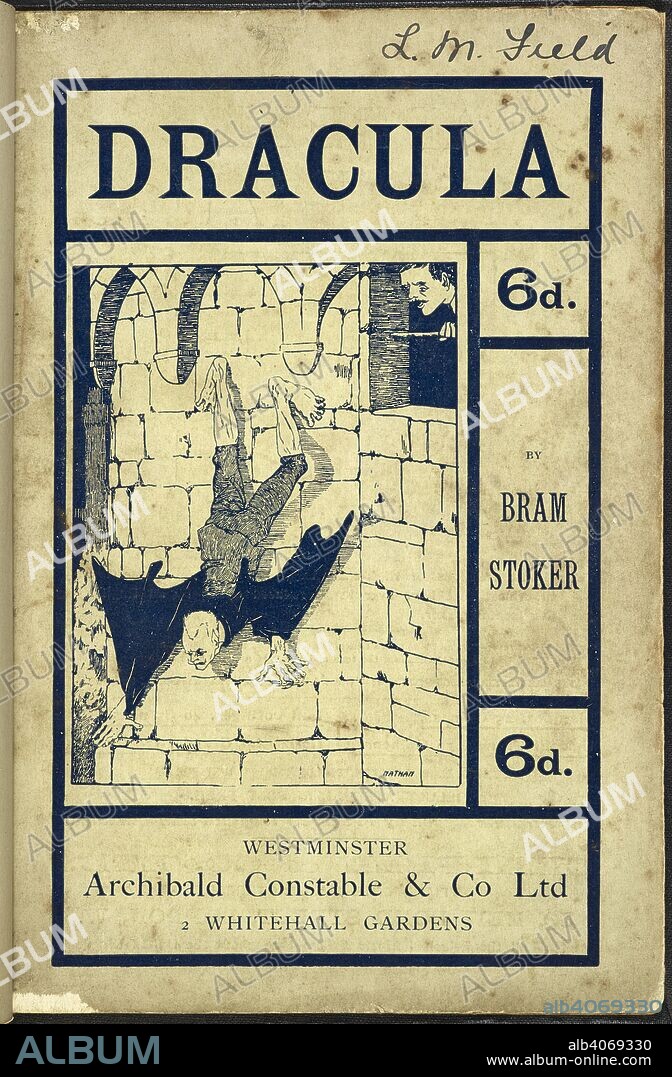 Illustrated front cover depicting the vampire, Dracula, climbing down the walls of his castle, observed by Jonathan Harker. Dracula by Bram Stoker. Westminster: Archibald Constable and Company, 1901 Leeds: printed by Chorley and Pickersgill, The Electric Press. The first paperback edition; almost certainly abridged by Bram Stoker, who made several editorial corrections and abridged the original text by nearly 20%. Source: C.194.a.862 Front cover. Language: English.