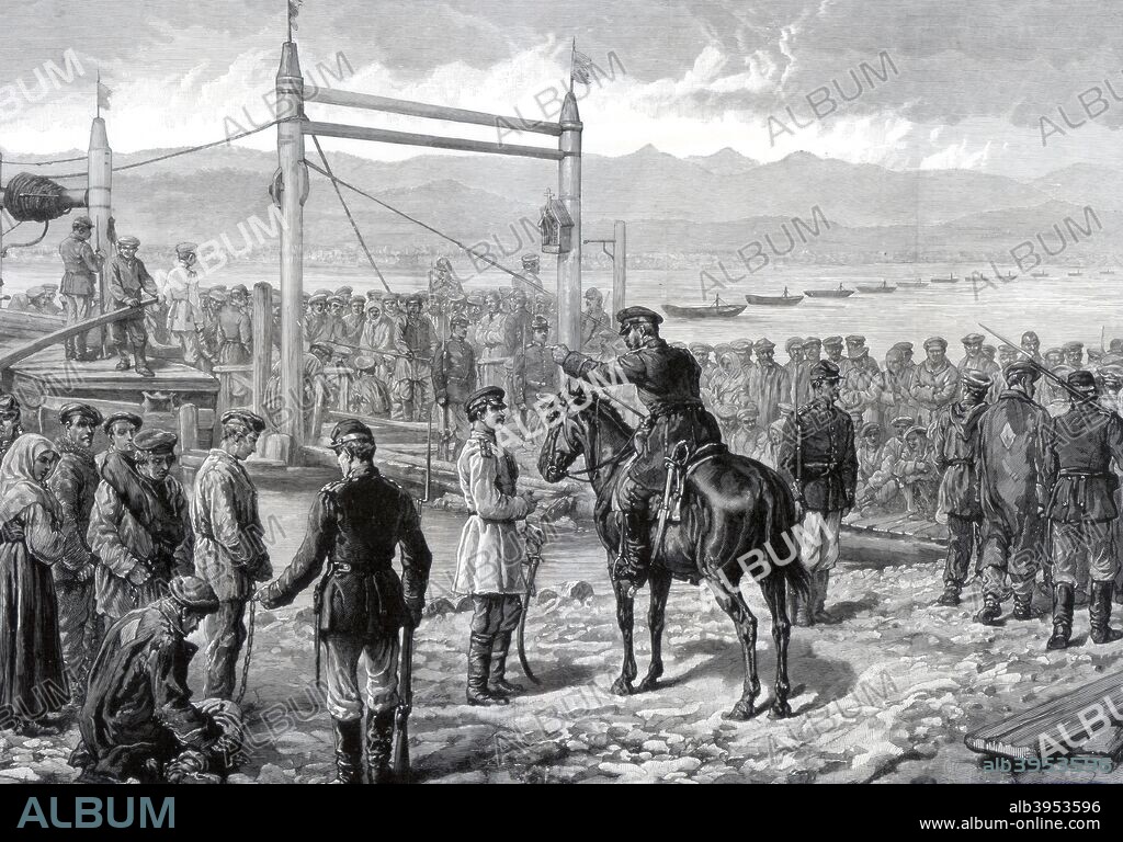 Russian convicts under military escort waiting to be ferried across the river Yenisei, Siberia, 1882. From a supplement to The Illustrated London News (11 February 1882).