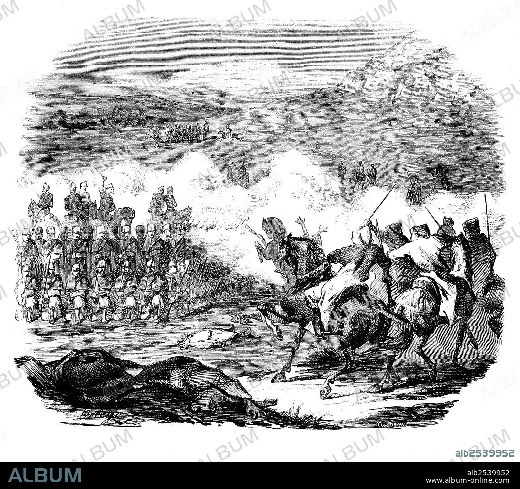 Guerra de África. Batallón de Cantabria formando el cuadro rechaza la caballería mora. Dibujo de Ortego. Grabado de 1860.